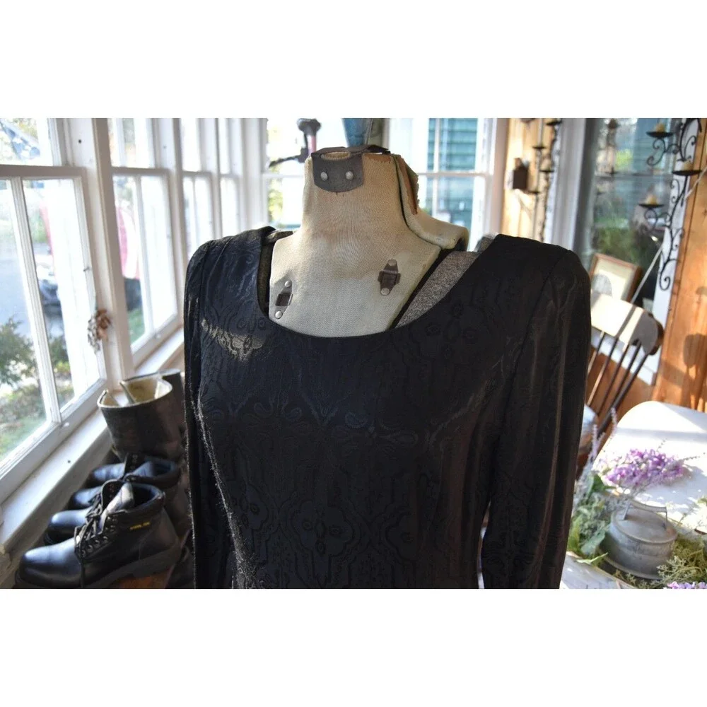 Vintage 1980s Santa Fe Dress Black Brocade Lined W Silver Tone Belt Size Medium